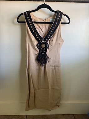 Tracy Reese Beige Midi Dress with Black Embellished V-Neck